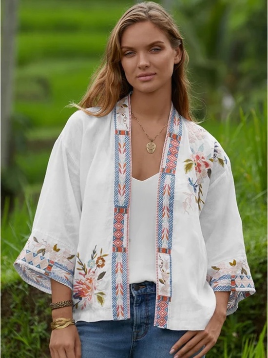 Johnny Was Tops - Johnny Was Los Angeles Ceretti Linen Embroidered Floral Crane Crop Kimono